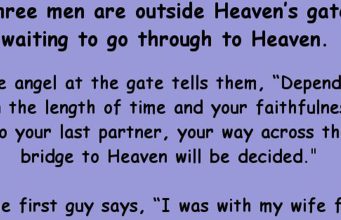 Three men are outside Heaven’s gates waiting to be go to through Heaven.