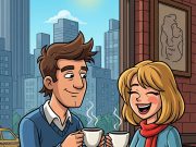 A husband and wife at a coffee shop