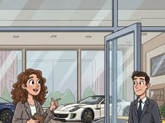 A young woman walks into a prestige car sales room.